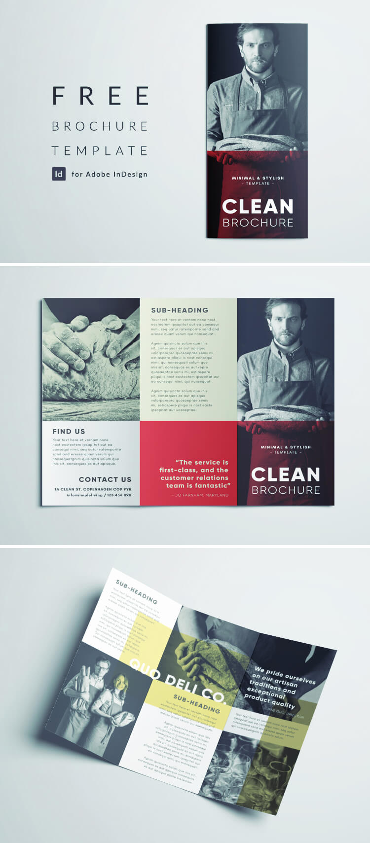 Clean Brochure Tempalte - Free InDesign Clean Brochure Template with Minimal Black and White Photography - Red and Yellow