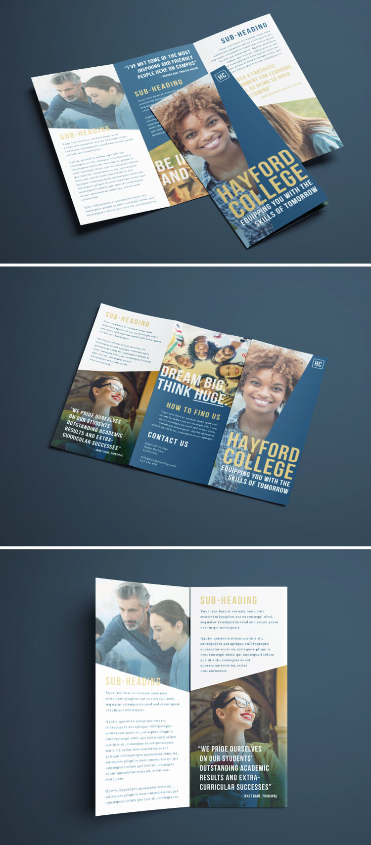 Free Tri-Fold Brochure Layout Download - Smart Blue. Gold & White College Design