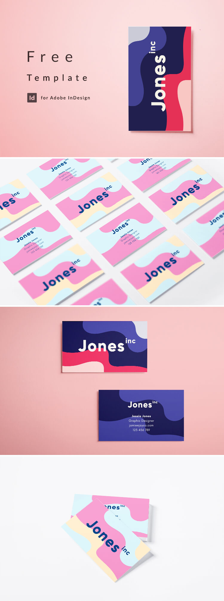 Eighties business card layout. Wavey, graphic, colorful design for creatives. Free to download. Free Template for InDesign CC.