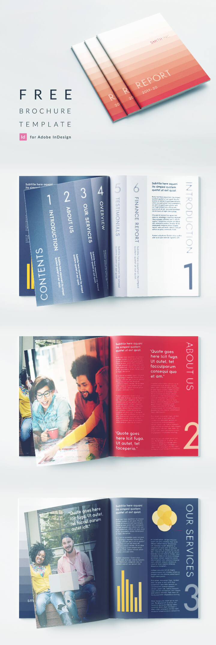 Bi Fold Brochure Template for InDesign with a Corporate theme. Perfect for a business report. Free download for InDesign, smart red and blue corporate color scheme.