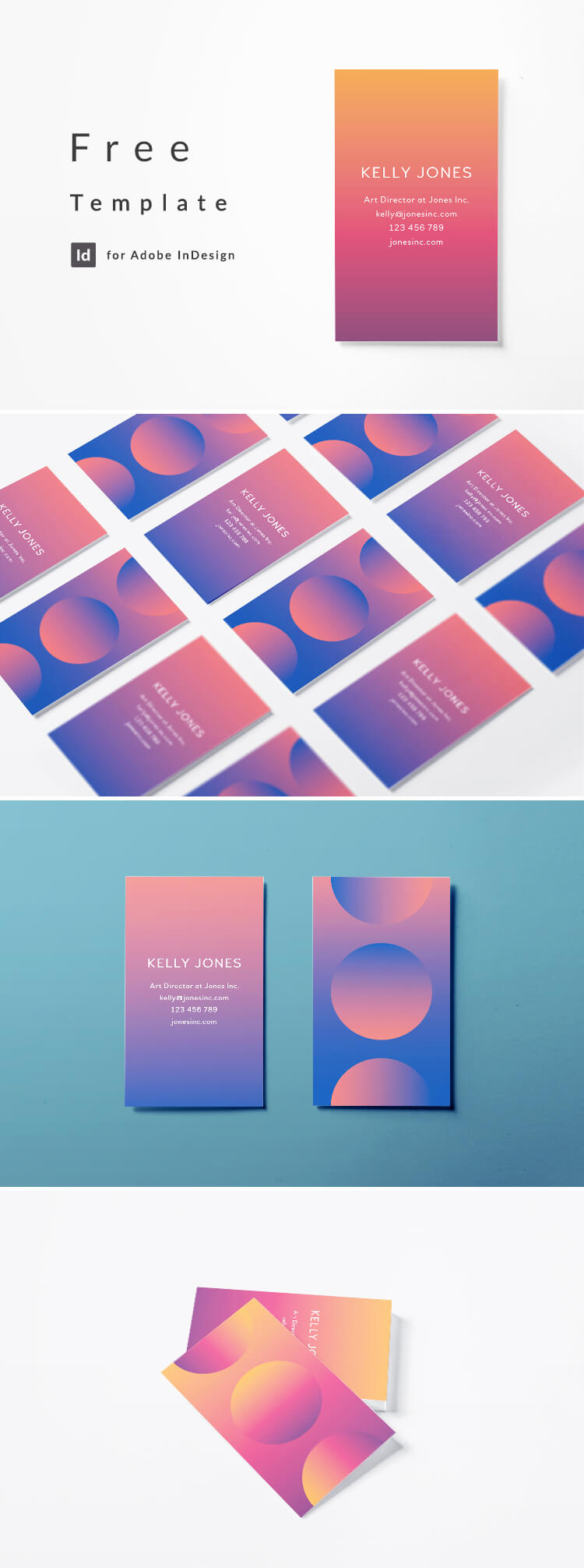 Free InDesign Business card template - 2 color options, modern creative layout. Free download for InDesign. Pink to blue gradient.