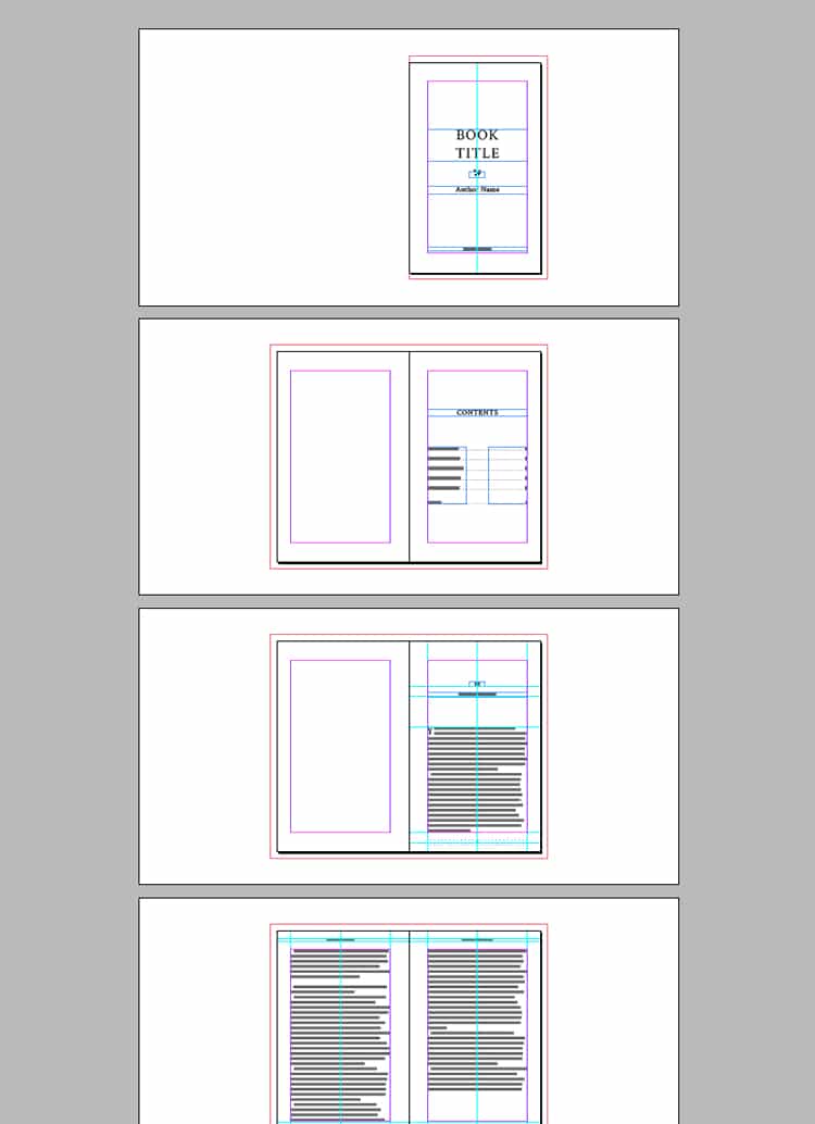 Screenshot of InDesign book template with contents, typesetting & chapter heading