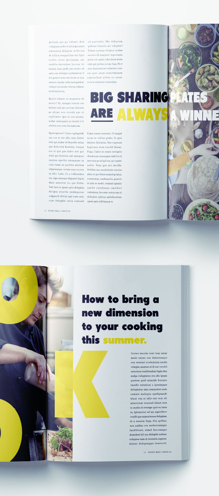 Food Magazine Layout Template - Yellow Typography Magazine Spread Modern Design