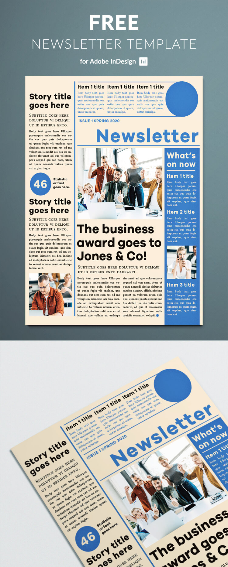 Free newsletter template - blue modern design. Modern clean layout for your company's newsletter. Free to download.