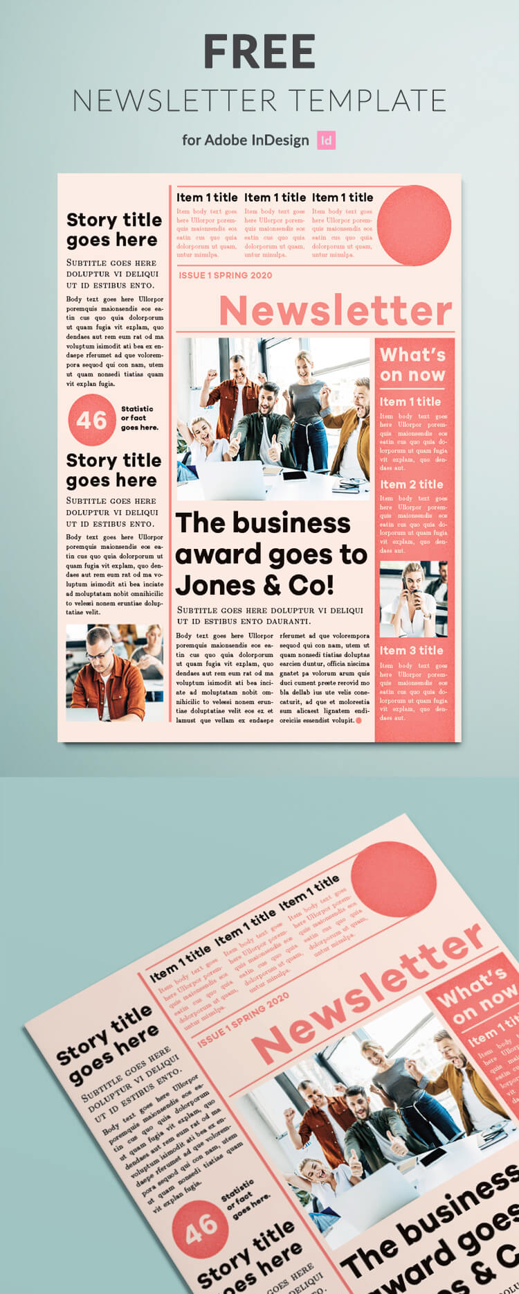 Free newsletter template for InDesign. Classic design for a business newsletter.