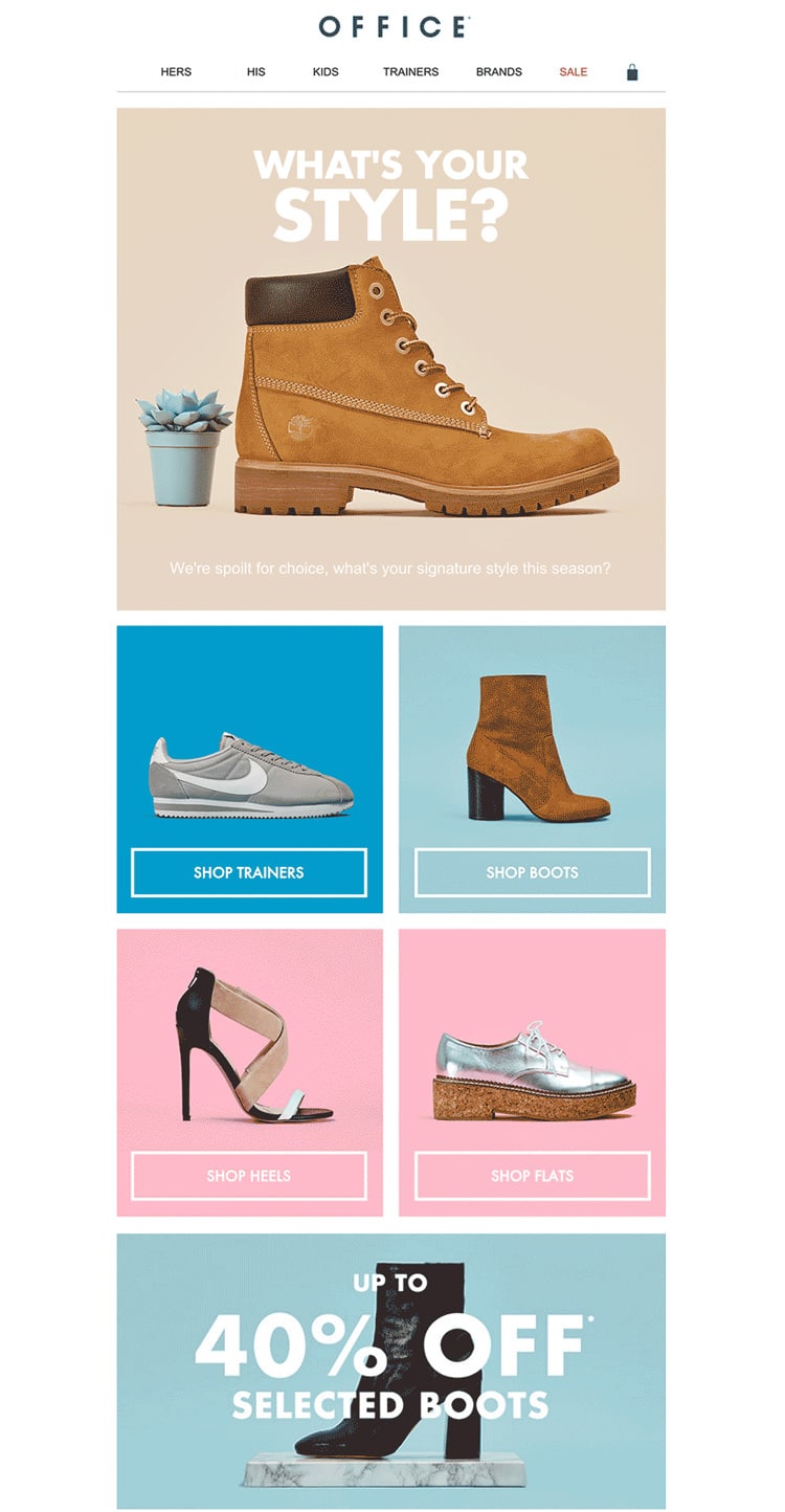 e-newletter email newsletter marketing design layout inspiration office shoes colorful modular grid