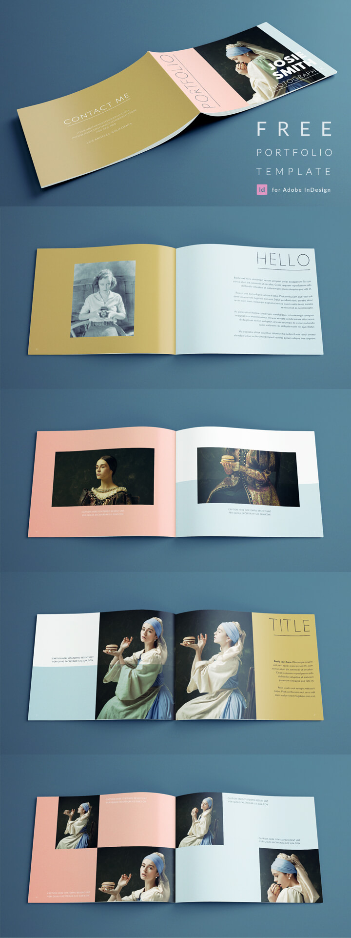Photography portfolio layout template for InDesign - simple creative design - free download.