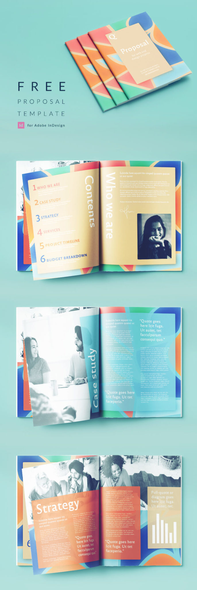 InDesign Proposal Template - Stylish, colorful InDesign proposal template, perfect for a creative or tech business. Free download.