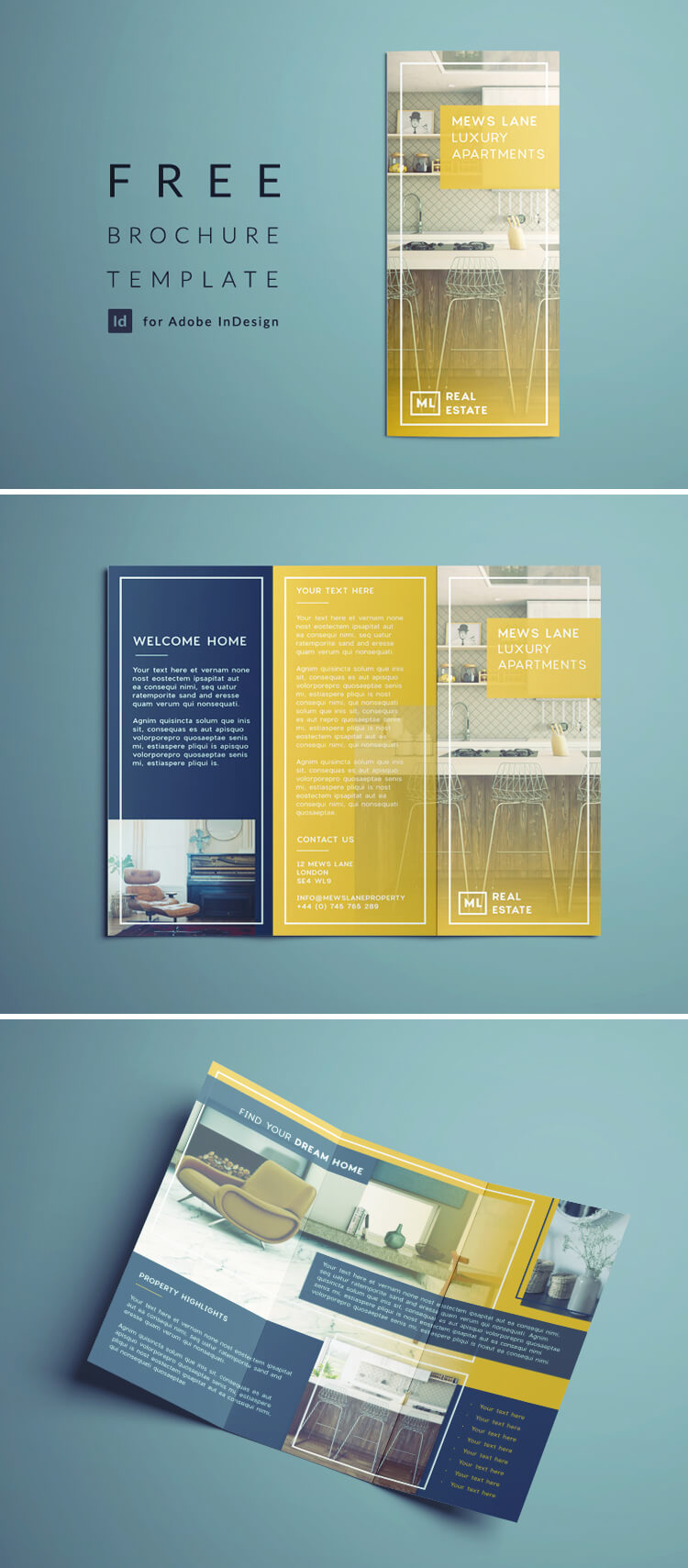 Real estate flyer free InDesign template - outside view of tri-fold real estate flyer