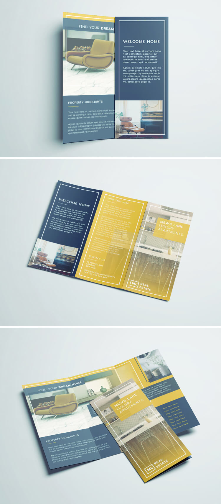 Real estate flyer free InDesign template - inside view of tri-fold real estate flyer with modern apartment