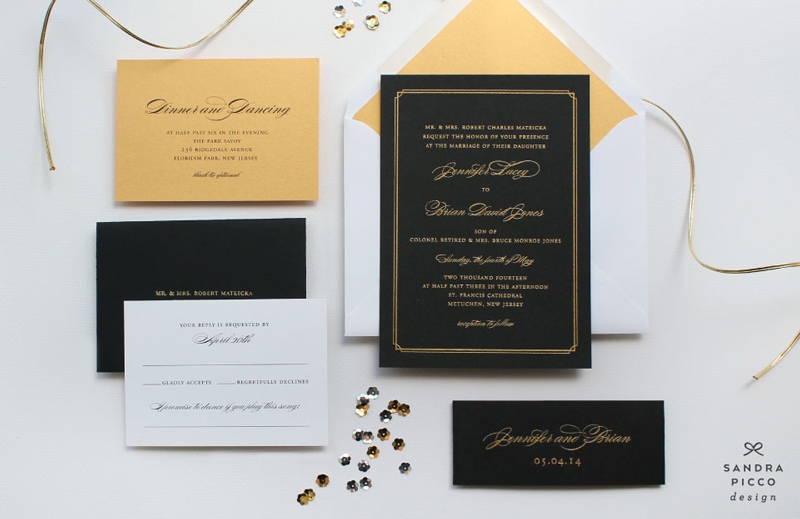 wedding invitations invite stylish unique modern beautiful design black gold elegant formal sandra picco